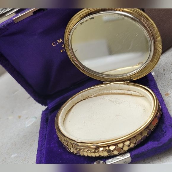 RARE - ELGIN AMERICAN || Rex Mesh Guilloche Enamel Compact Mirror - VINTAGE - Picture 4 of 7